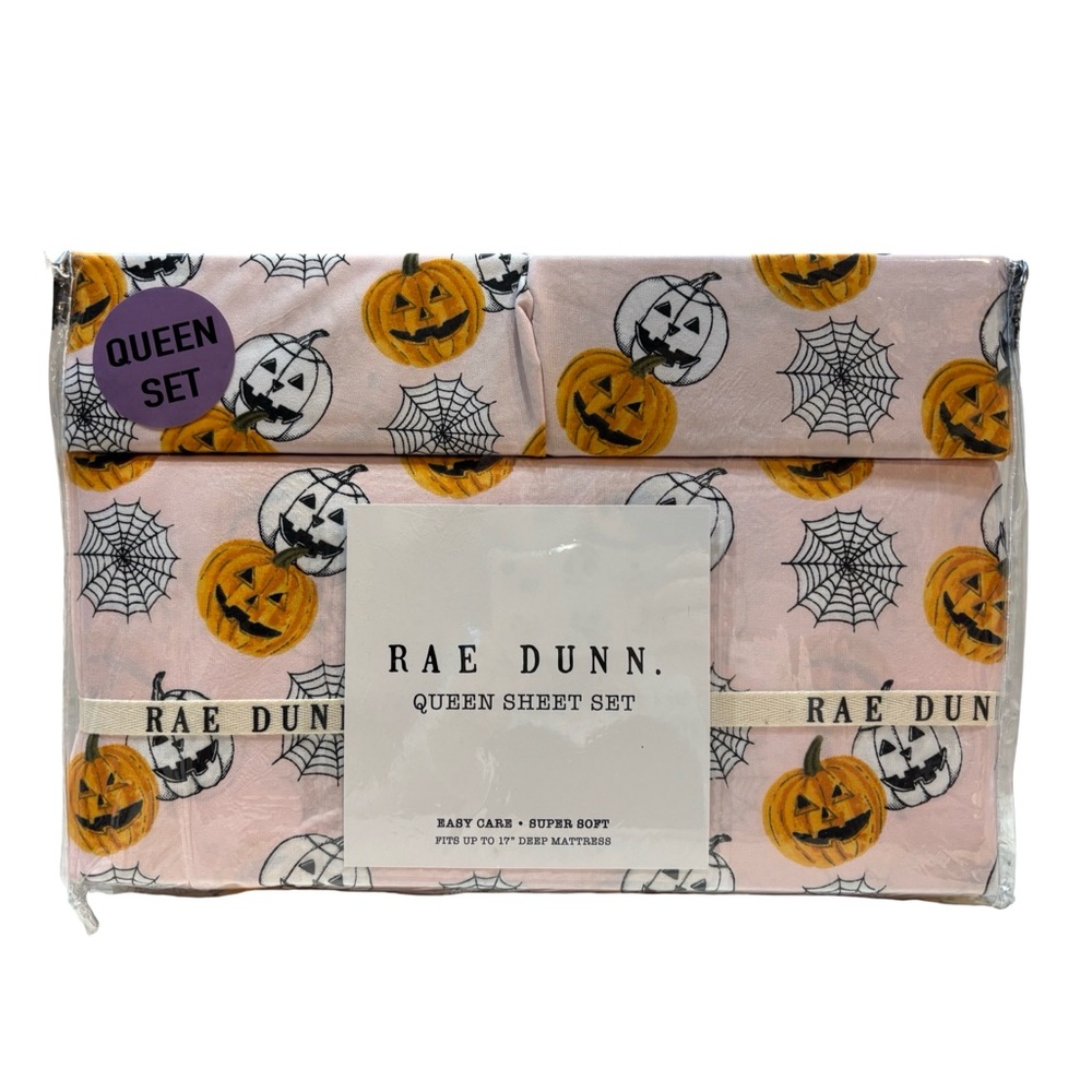 Rae Dunn Pink Halloween Pumpkin & Spiderwebs Queen Sheet‎ Set